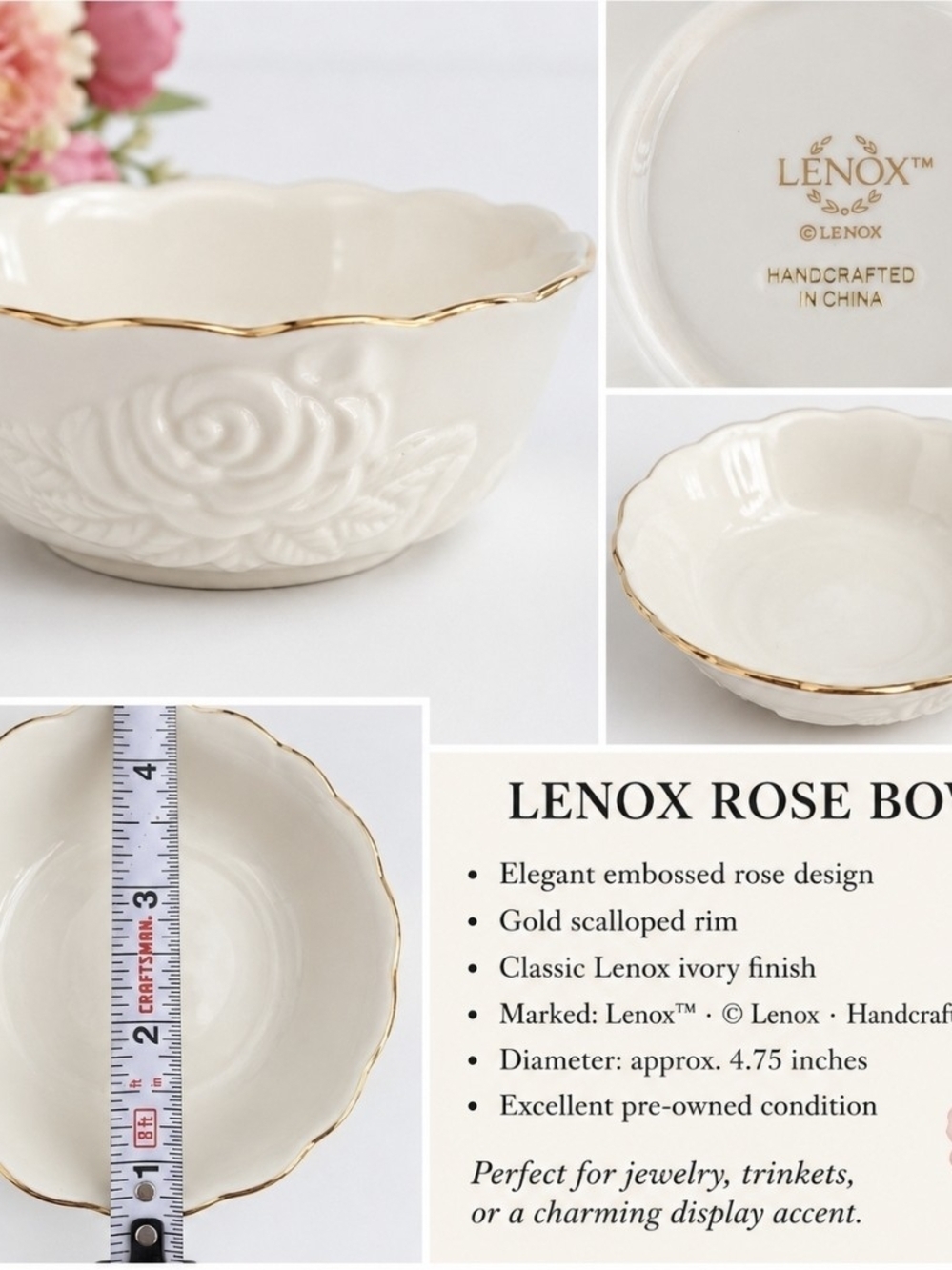 Lenox Ivory Rose Bowl with Gold Scalloped Rim